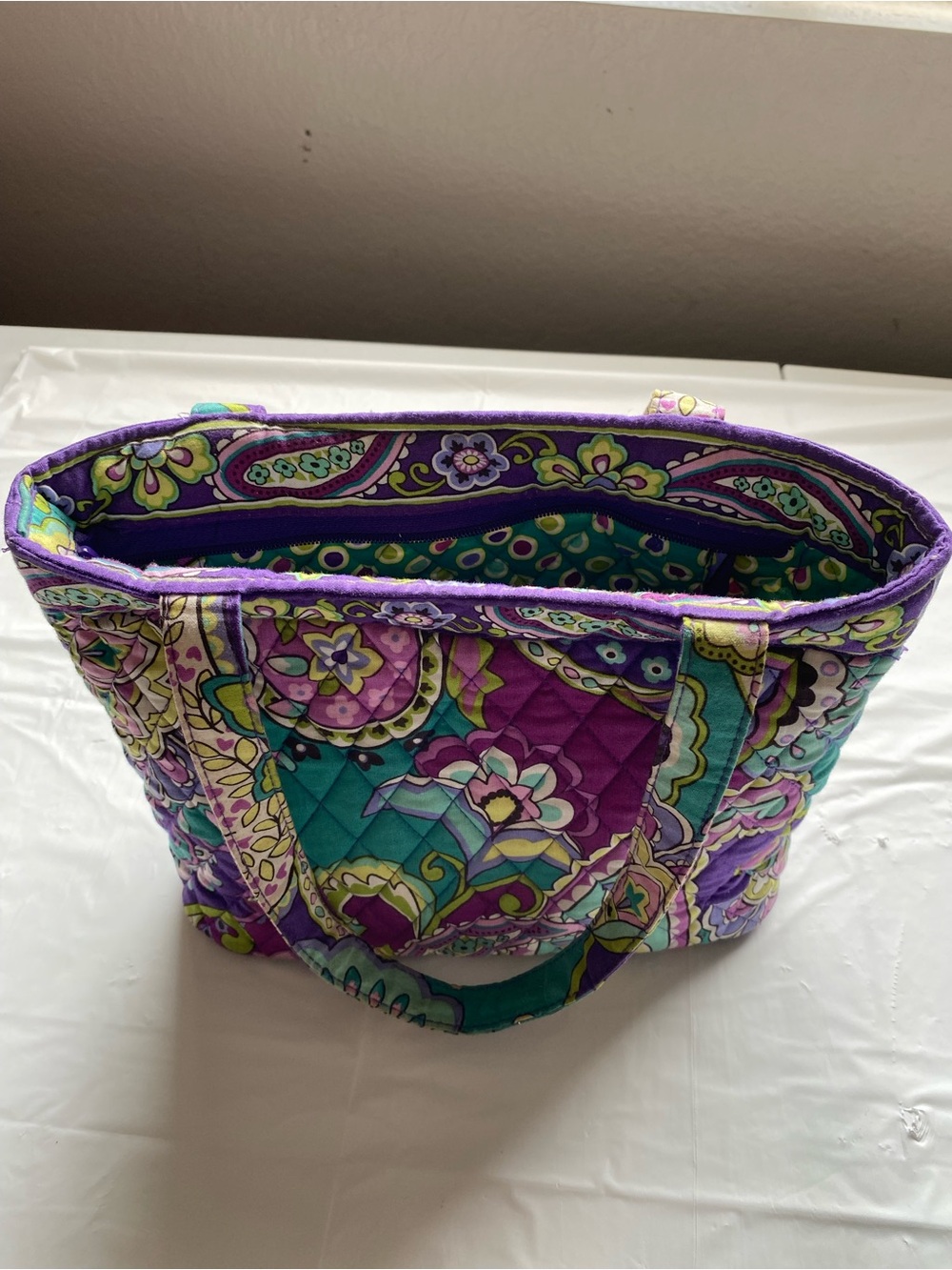 Vera Bradley French Paisley Quilted Cotton Small Vera Tote Bag Purple Teal